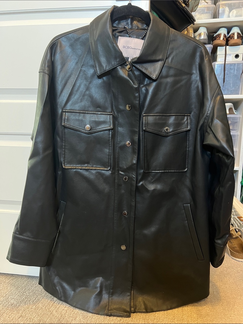 BCBGMaxAzria Black Faux Leather Button-Up Coat Jacket